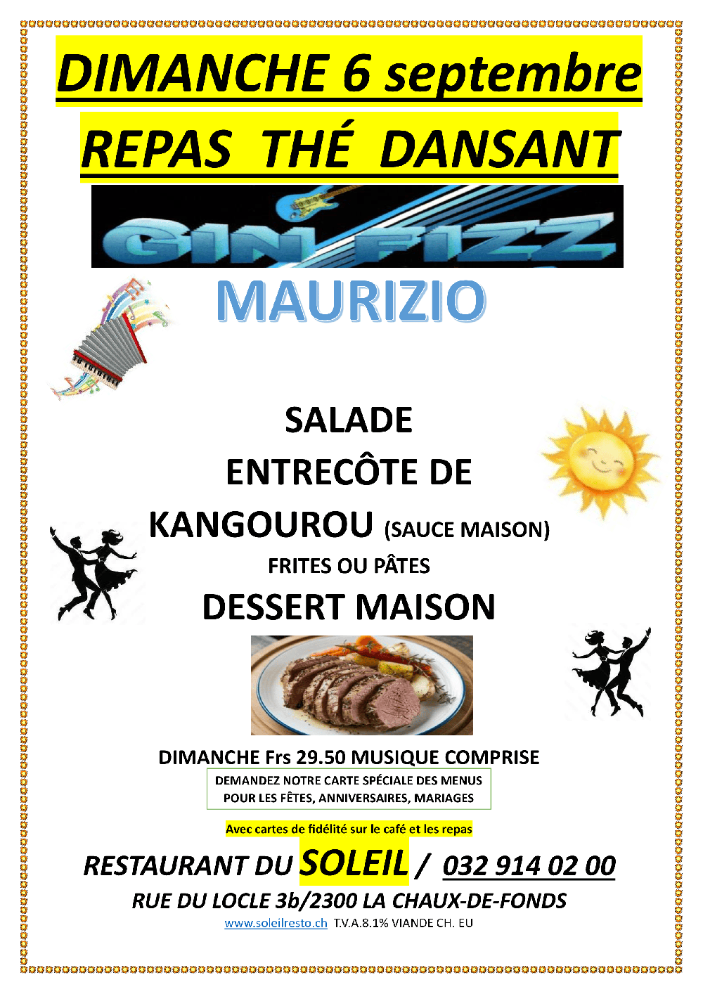 Affiche du thé dansant du 6 septembre au restaurant du Soleil, avec Gin Fizz et Maurizio