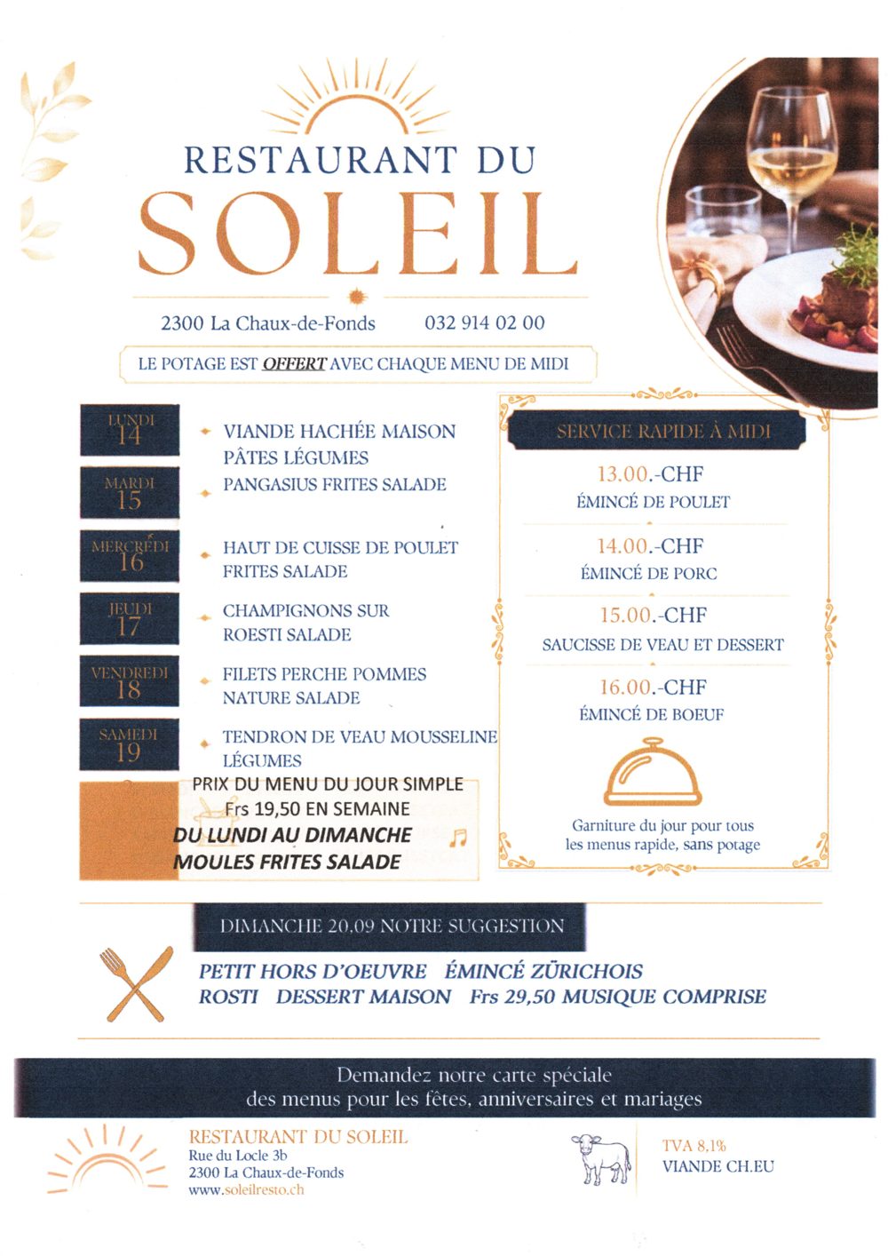 Menu de la semaine du restaurant du Soleil