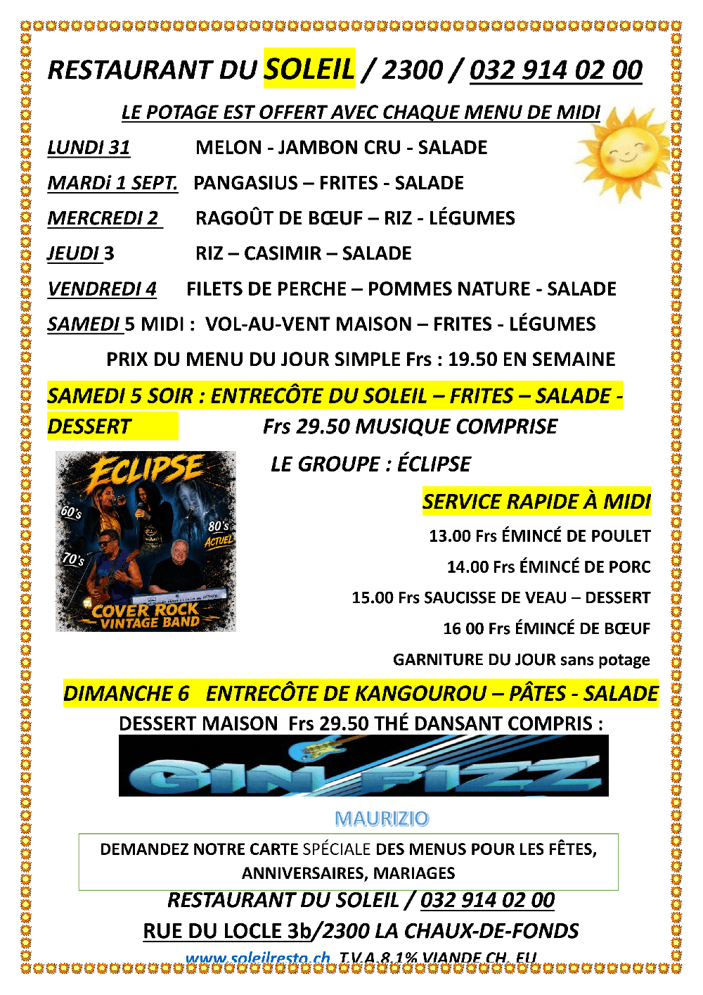 Menu de la semaine du restaurant du Soleil